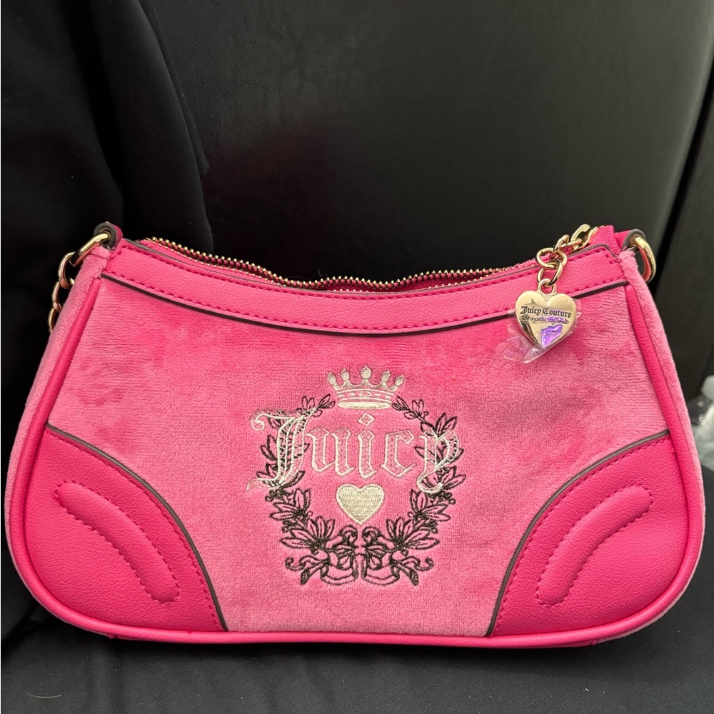 Juicy Couture Hot Pink Velvet Logo Shoulder Bag with Heart Charm
